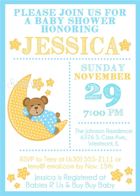 Boys Teddy Bear moon and stars invitation cards bedtime storybook style