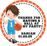 Boys basketball party sticker with blue jersey and personalized name