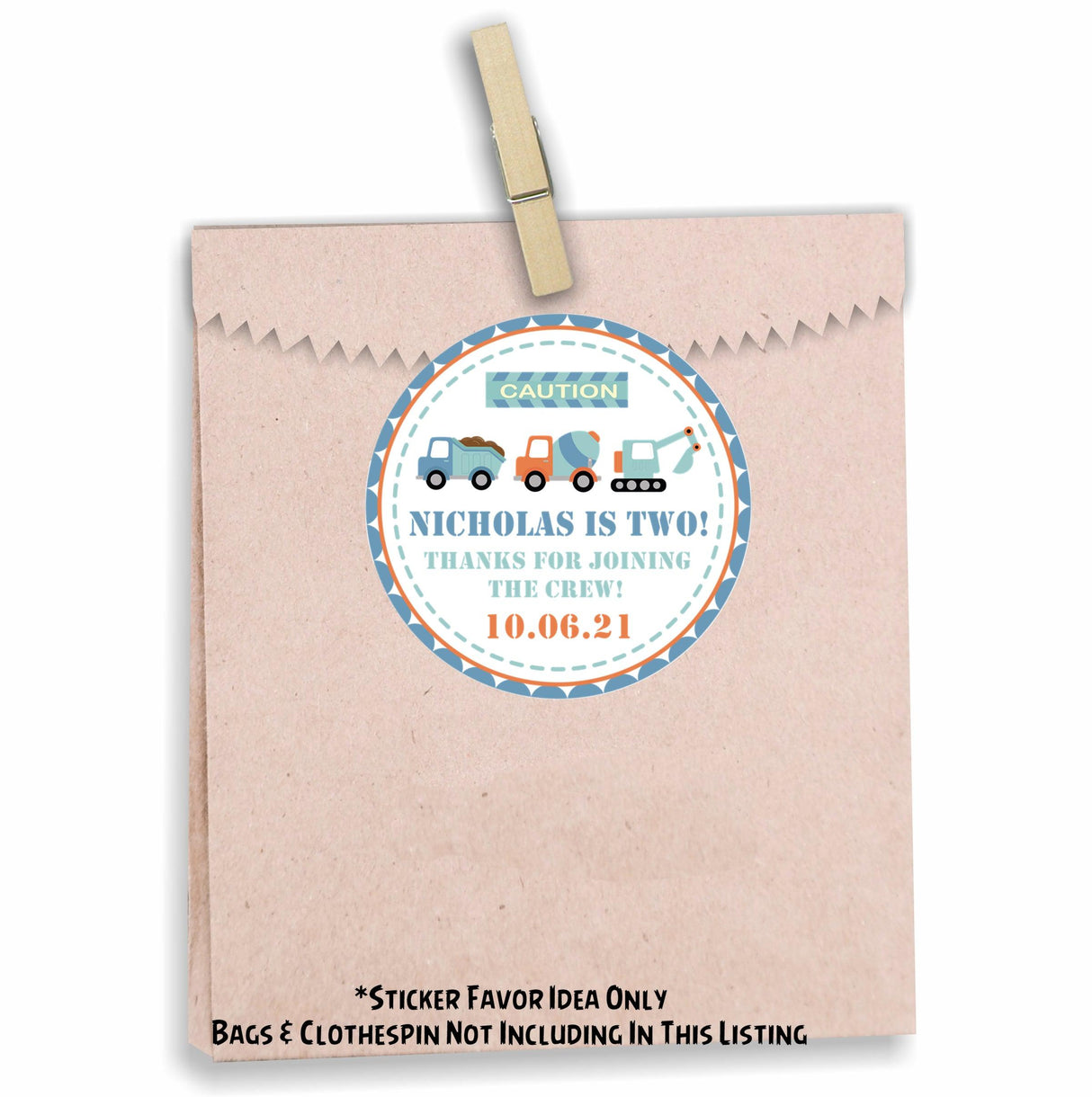 Boys construction theme sticker with caution sign