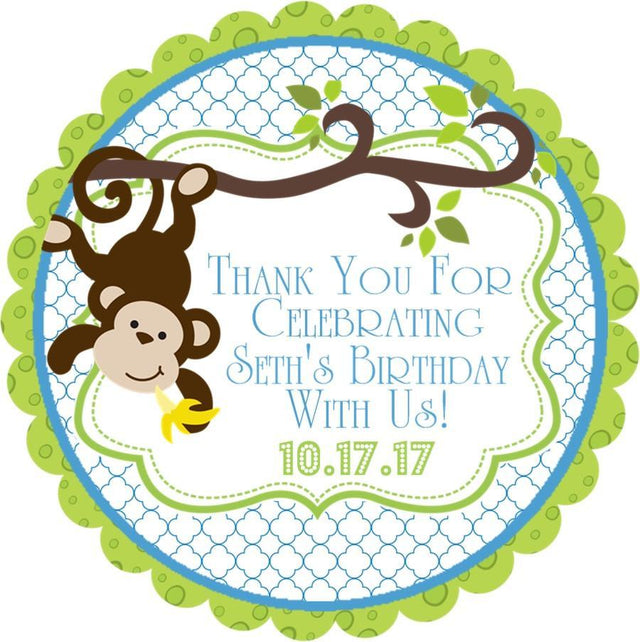 Boys hanging monkey birthday sticker