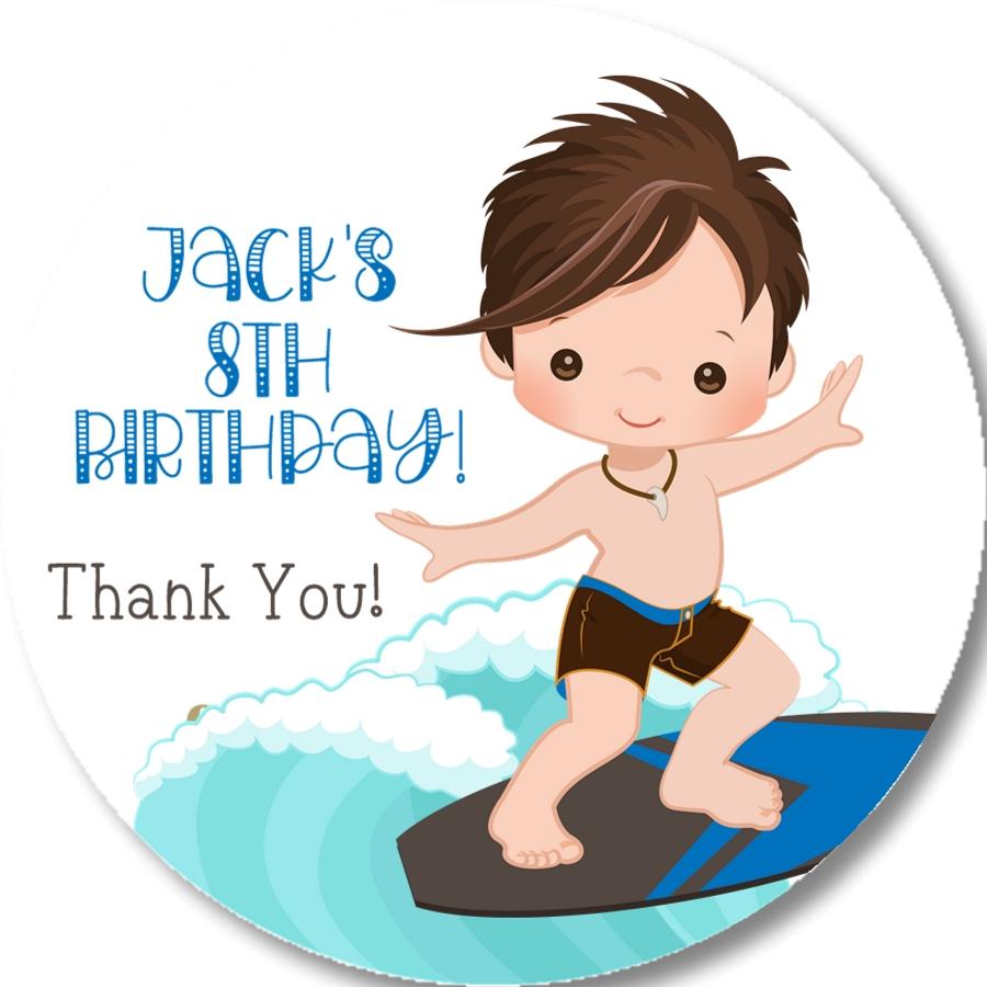 Boys surfing birthday sticker with surfer boy riding waves