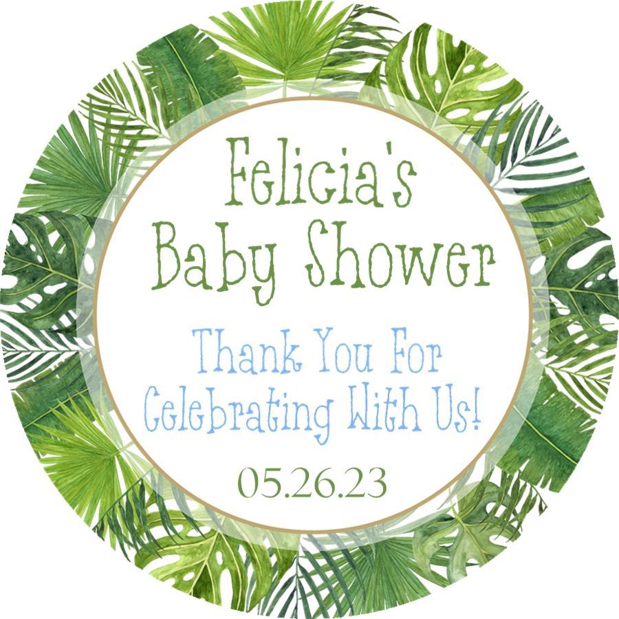 Boys tropical leaf baby shower sticker with green monstera leaves