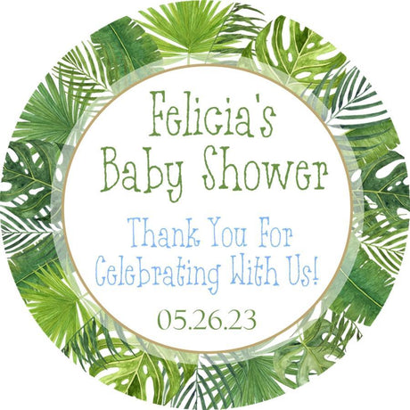 Boys tropical leaf baby shower sticker with green monstera leaves