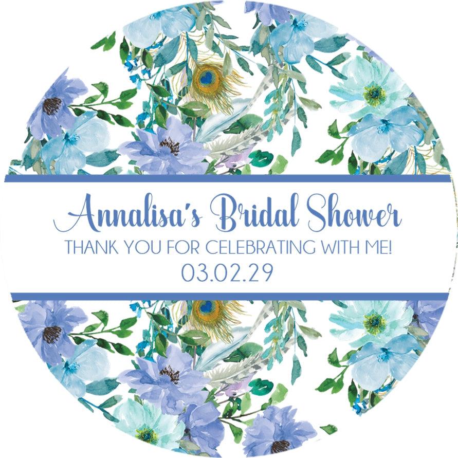 Bridal shower favor stickers with blue and green floral accents