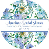 Bridal shower favor stickers with blue and green floral accents
