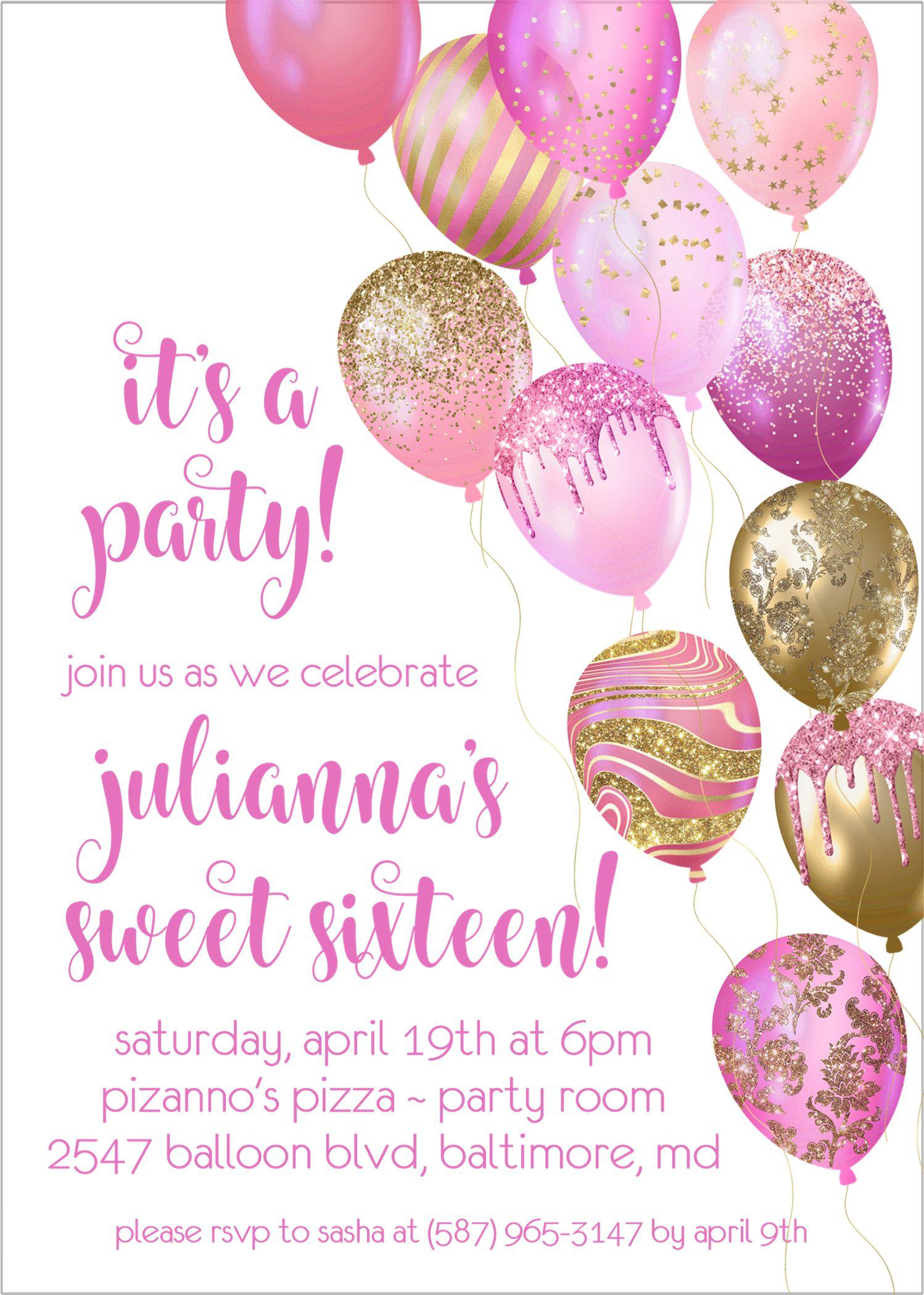 Bright Pink And Gold Balloon Sweet 16 Party Invitations