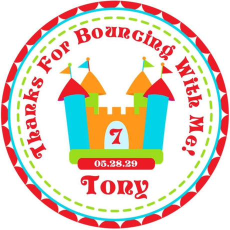 Bright bounce house favor sticker with colorful castle