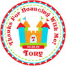 Bright bounce house favor sticker with colorful castle