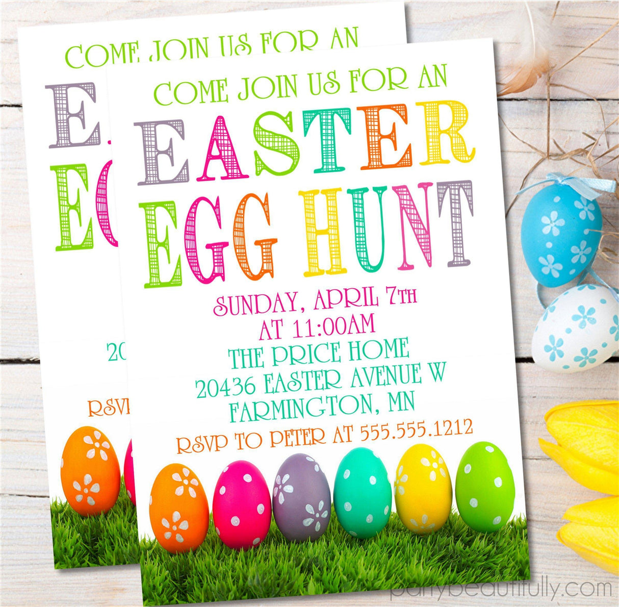 Bright modern Easter invitation with multicolor lettering