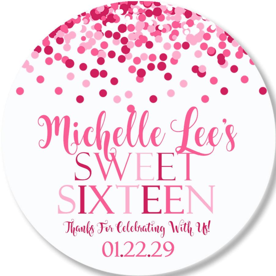 Bright pink Sweet Sixteen favor label