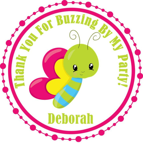 Bright pink butterfly birthday sticker with girly bug theme
