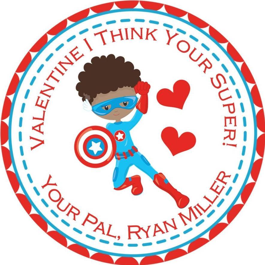 Brown Boys Superhero Valentine's Day Stickers