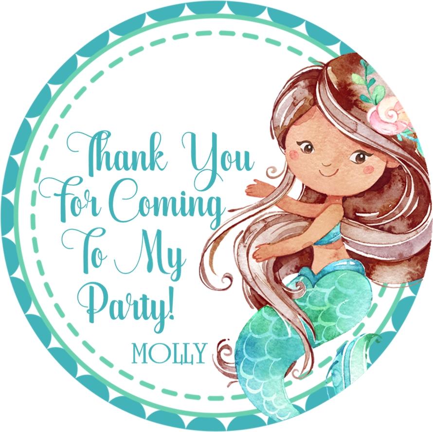 Brown-haired watercolor mermaid birthday sticker with teal tail