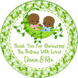 Brown-skinned boy and girl twin pea pod baby shower sticker with green plaid border