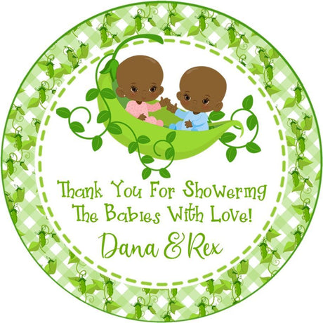 Brown-skinned boy and girl twin pea pod baby shower sticker with green plaid border