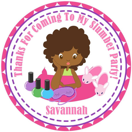 Brown-skinned slumber party birthday sticker with pink pajamas