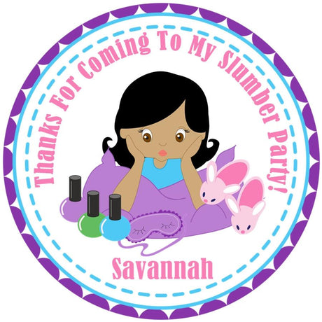 Brown hair slumber party birthday sticker with purple pajamas
