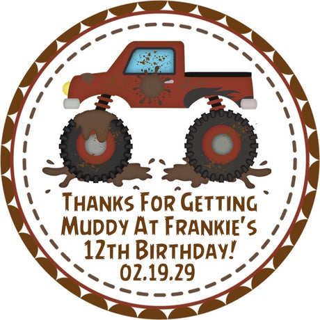 Brown mudding monster truck birthday sticker