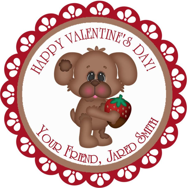 Brown puppy strawberry Valentine label