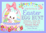 Bunny basket Easter egg hunt invitation with colorful flowers