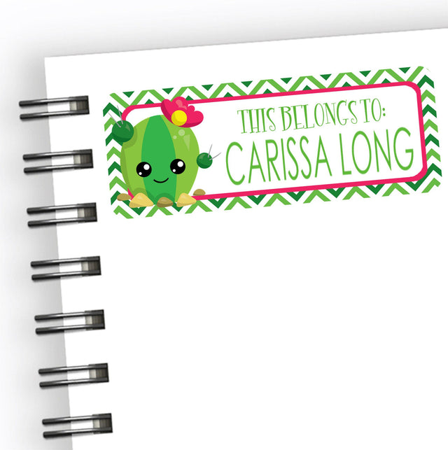 Cactus back to school name labels with green chevron border and pink accents