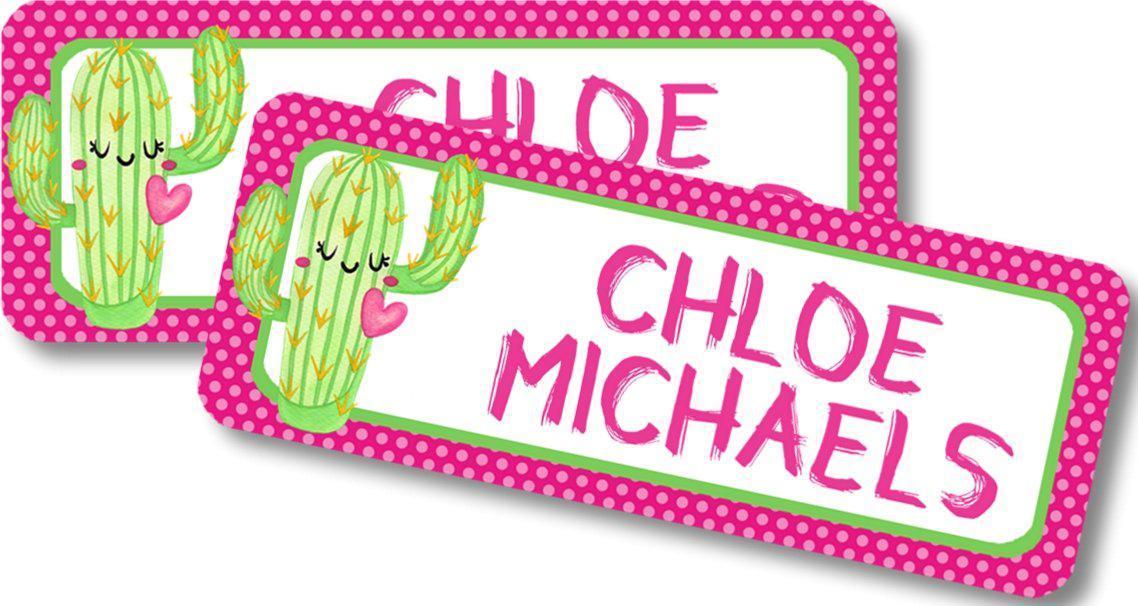 Cactus themed school supply name labels with polka dot accents