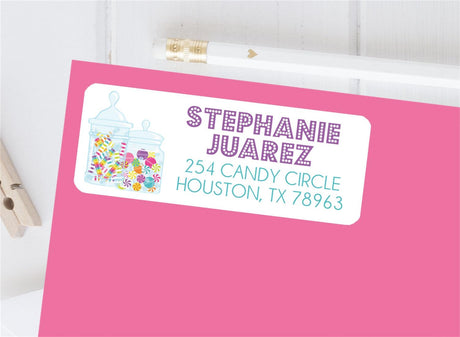 Candy jar address labels with colorful candy illustration