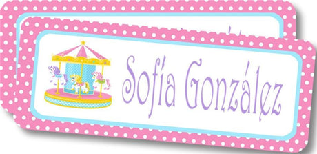 Carousel themed back to school name labels with pink and pastel colors