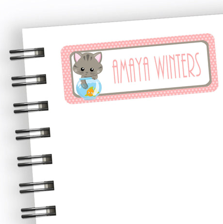 Cat back to school name label with pink and gray design