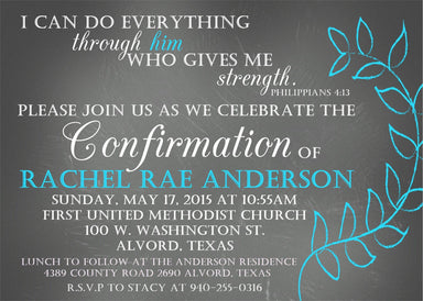 Chalkboard And Turquoise Confirmation Invitations