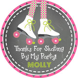 Chalkboard roller skating birthday sticker with pink and green skates