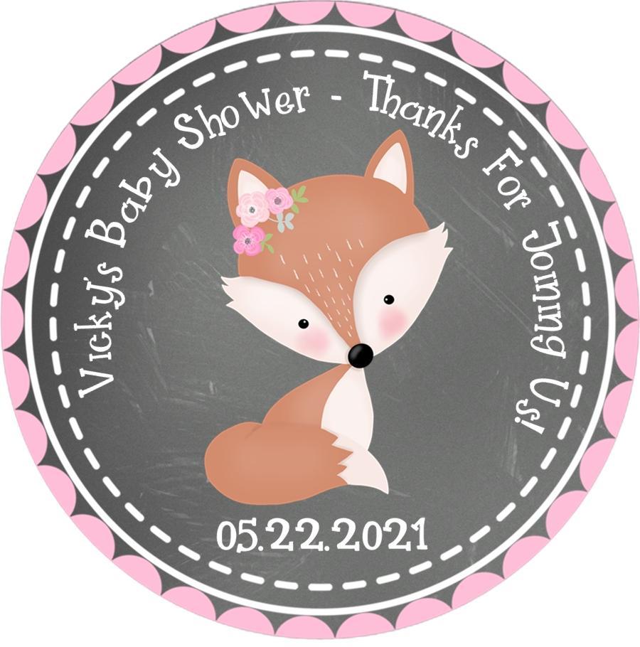 Chalkboard woodland fox baby shower sticker