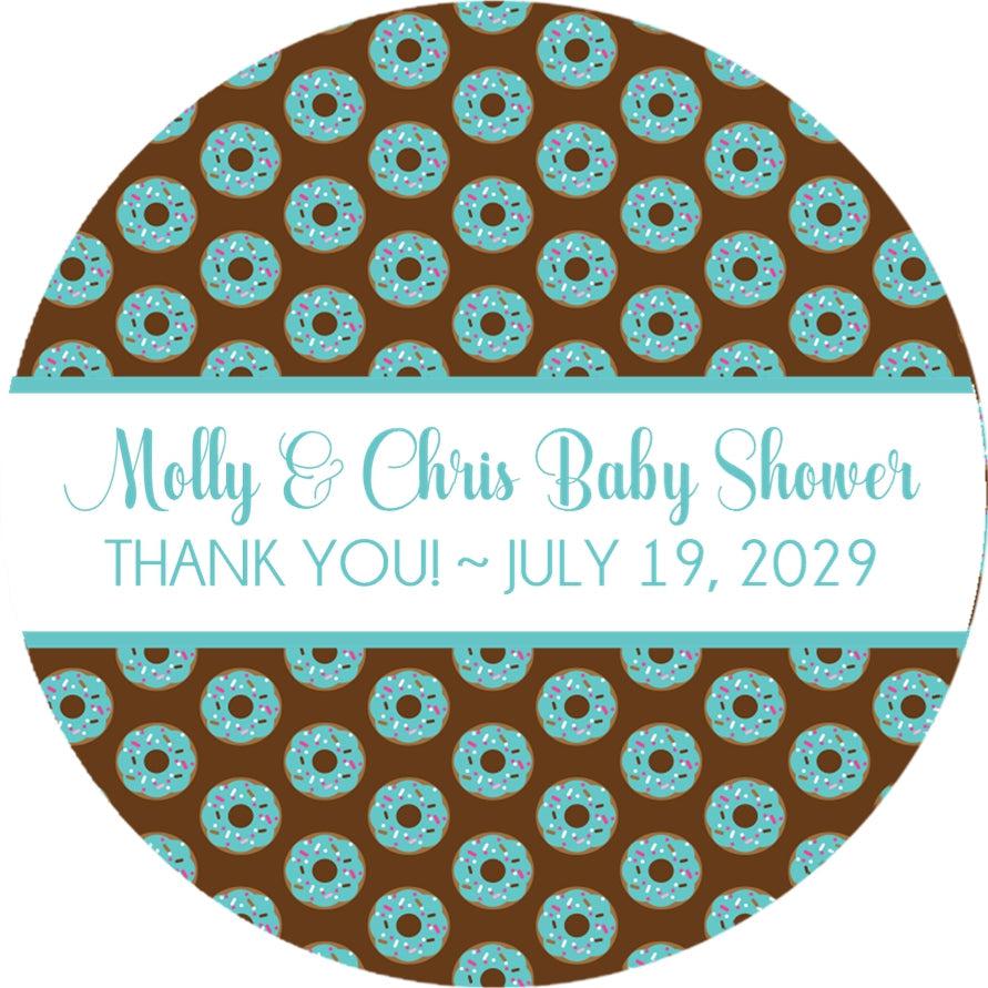 Chocolate and aqua donut baby shower favor label
