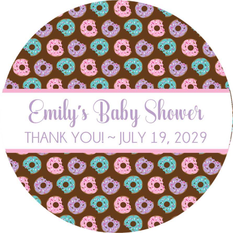 Chocolate donut pattern baby shower favor label