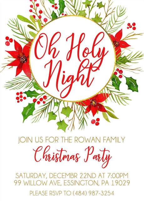 Christmas celebration invitation featuring poinsettia flowers and winter holiday accents