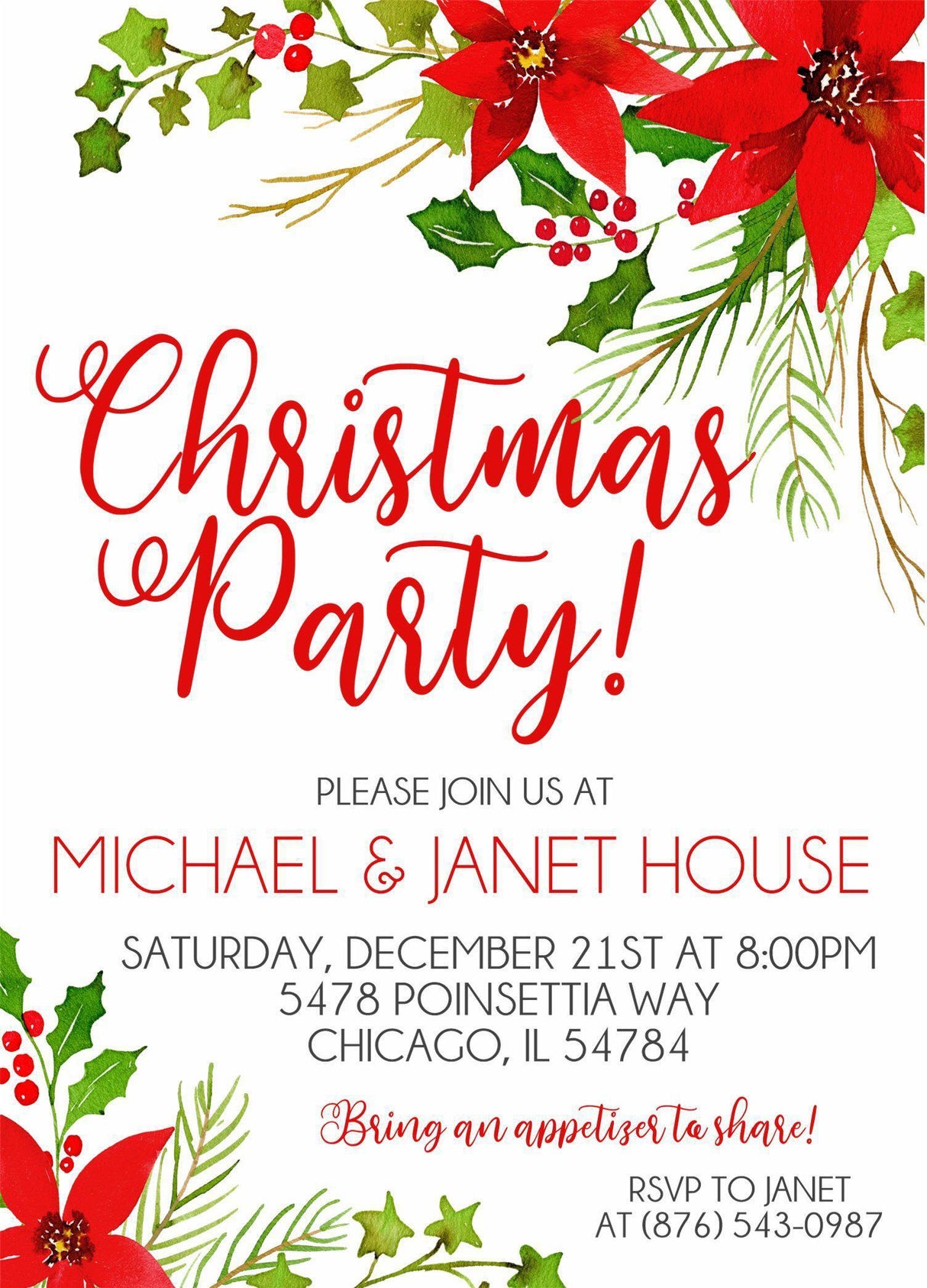 Christmas party invitation featuring festive poinsettias and holiday greenery
