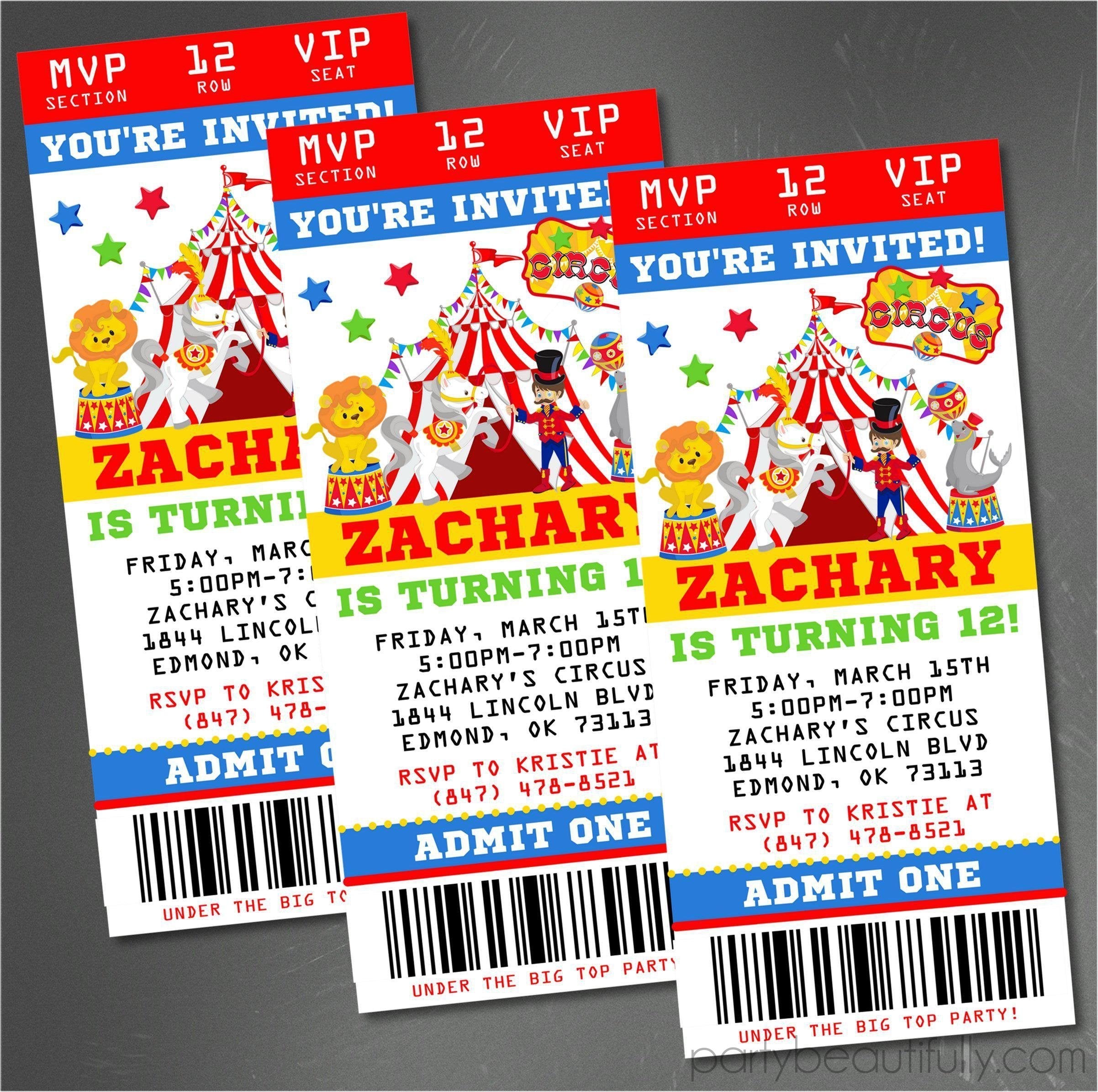 Circus Birthday Party Ticket Invitations