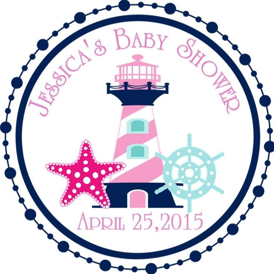 Coastal pink and navy baby shower sticker
