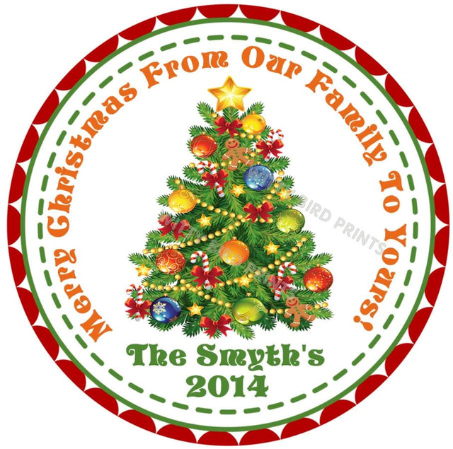Custom holiday favor label with classic decorated Christmas tree