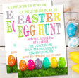 Colorful Easter egg hunt invitation with decorated eggs in grass