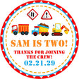 Colorful construction birthday sticker with trucks and personalized wording