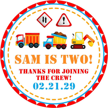 Colorful construction birthday sticker with trucks and personalized wording