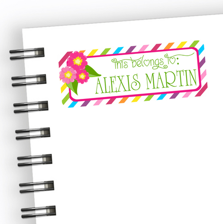 Colorful floral personalized school supply name label