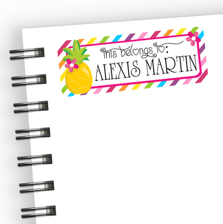 Colorful pineapple themed school supply name labels
