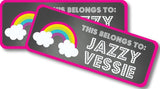 Colorful rainbow school supply label with chalkboard background