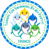 Colorful shark family birthday sticker in bright ocean colors