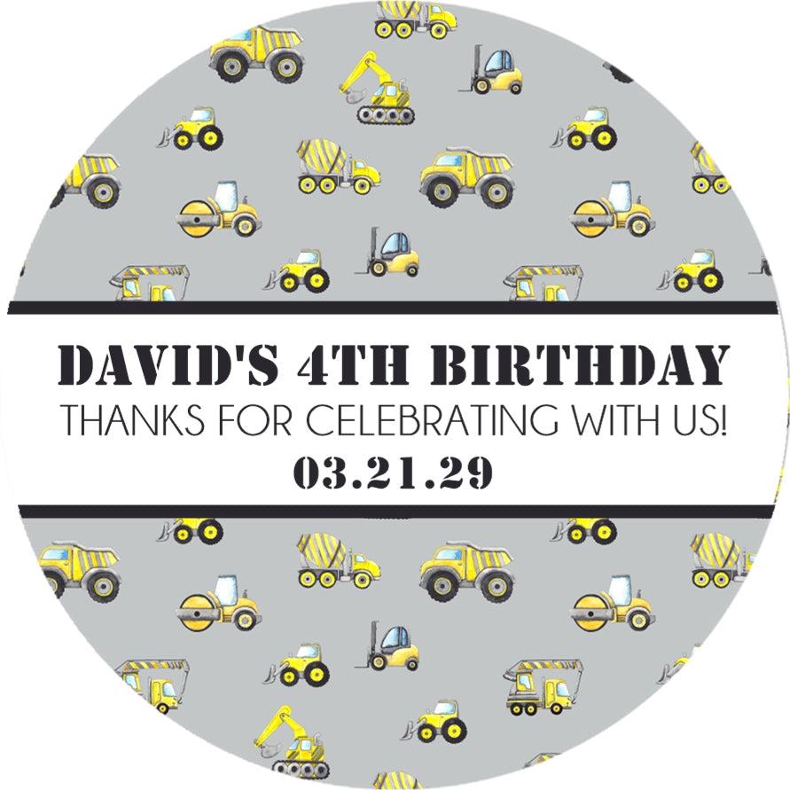 Construction party favor sticker in grey and yellow with custom wording