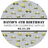Construction party favor sticker in grey and yellow with custom wording