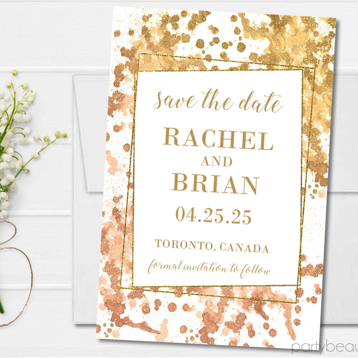 Copper gold wedding save the date