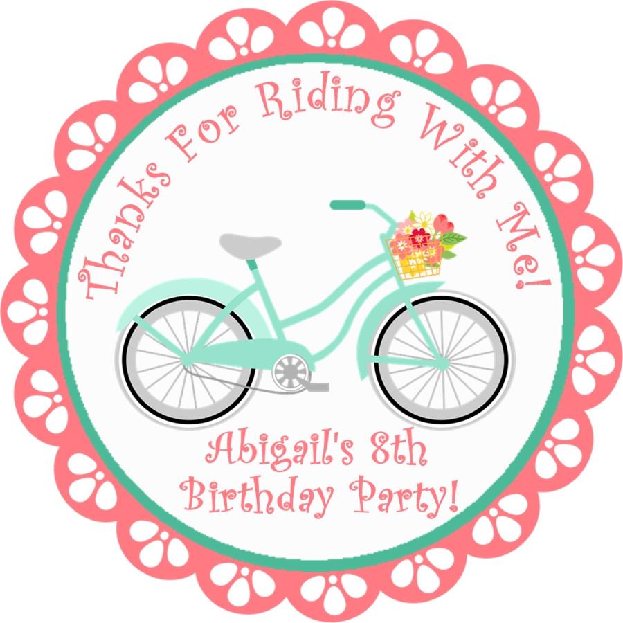 Coral bicycle birthday sticker with pastel bike and flower basket
